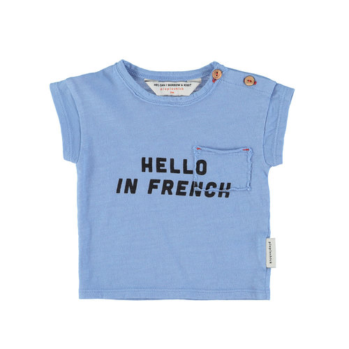 piu piu chick baby t-shirt blue with hello in french print piu piu chick baby t-shirt blue with hello in french print