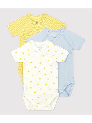 petit bateau Set van 3 overslag body's korte mouw geel/blauw mix zonnetjes