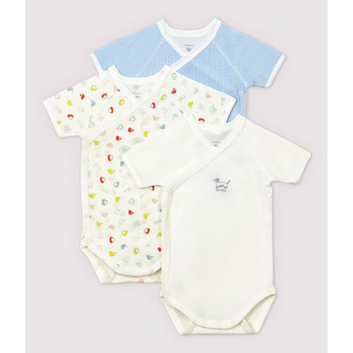 petit bateau Set van 3 body's  korte mouwen blauwe ruitjes/ vrolijke diertjes/ wit met hondje