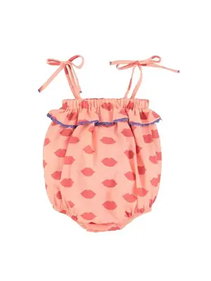 piu piu chick baby romper w/ ruffles | coral w/ red lips