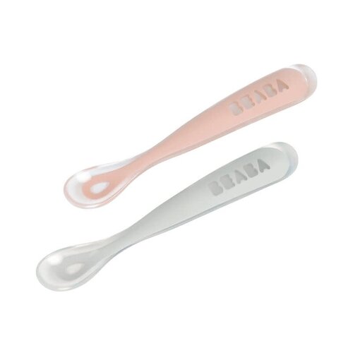 beaba Set van 2 eerste lepels silicone grey pink + opbergdoosje