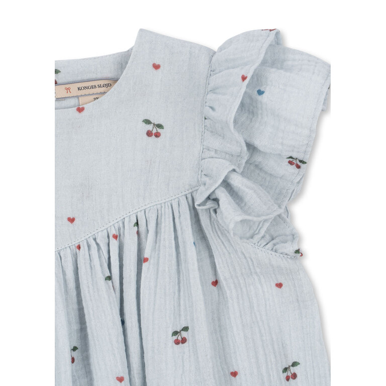 Konges Sløjd Konges Sløjd jurk meisje Coco Dress GOTS Cherry Blue Coeur blauw met kersjes