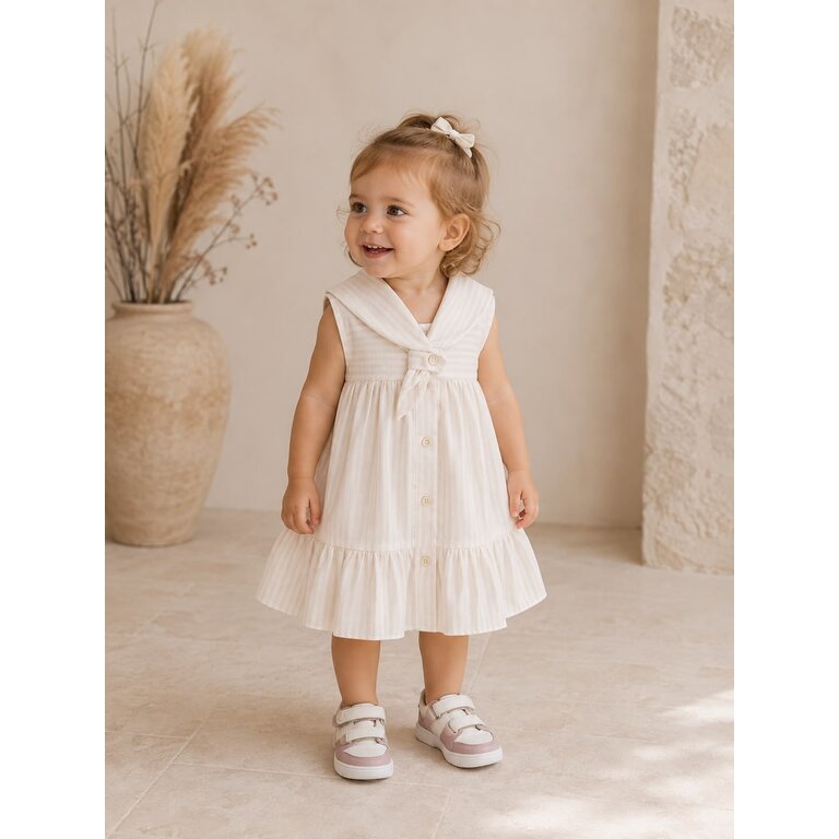 1+ in the family 1+ IN THE FAMILY jurk baby Empuries beige wit zomerjurk