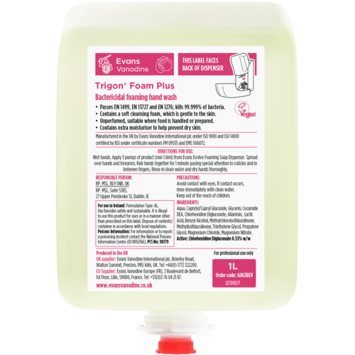 Evans Vanodine International Evans Trigon Foam Plus - Unperfumed Bacterial Hand Wash Cartridge Pack 6x1ltr