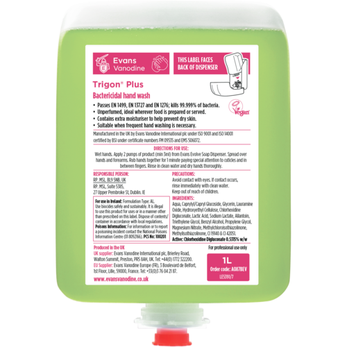 Evans Vanodine International Evans Trigon Plus - Bactericidal, Unperfumed Hand Wash Cartridge Pack 6x1ltr Evans Vanodine International Evans Trigon Plus - Bactericidal, Unperfumed Hand Wash Cartridge Pack 6x1ltr