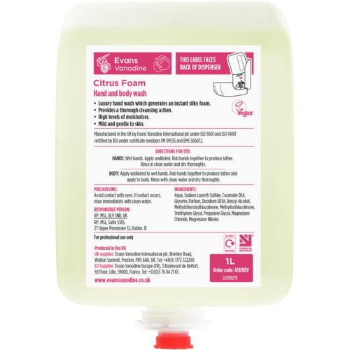 Evans Vanodine International Evans Citrus Foam - Foaming Hand Wash Cartridge Pack 6x1ltr