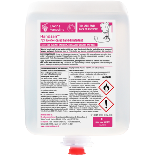 Evans Vanodine International Evans Handsan - Alcohol Hand Sanitiser Cartridge Pack 6x1ltr Evans Vanodine International Evans Handsan - Alcohol Hand Sanitiser Cartridge Pack 6x1ltr
