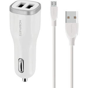Mobiparts Car Charger Dual USB 12W/2.4A + Micro USB Cable White