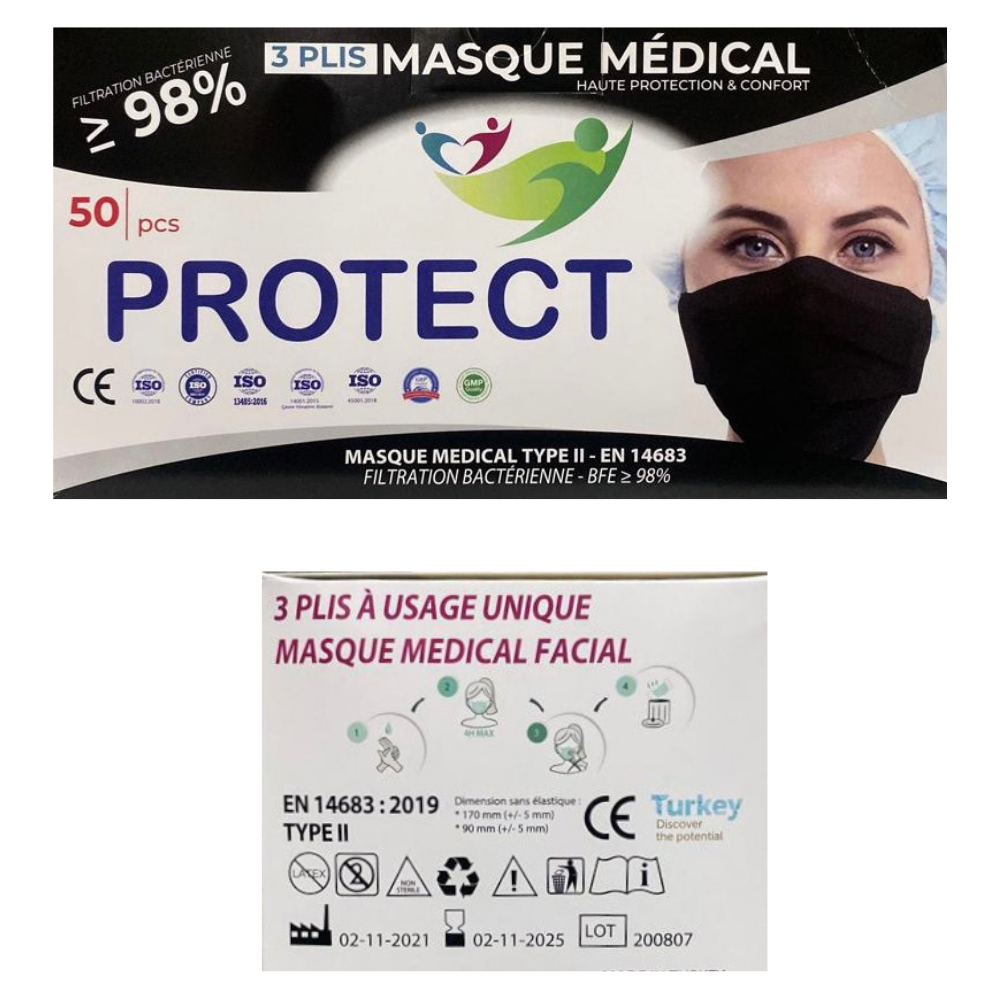 Medische mondmaskers zwart type IIR / prijs per doosje van 50 maskers Medische mondmaskers zwart type IIR / prijs per doosje van 50 maskers