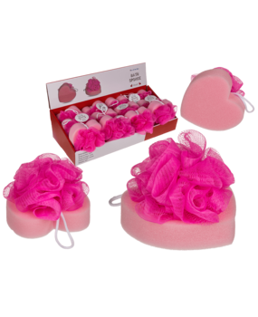 Présentoir de 12 pièces coeur éponge de bain 12 cm Présentoir de 12 pièces coeur éponge de bain 12 cm