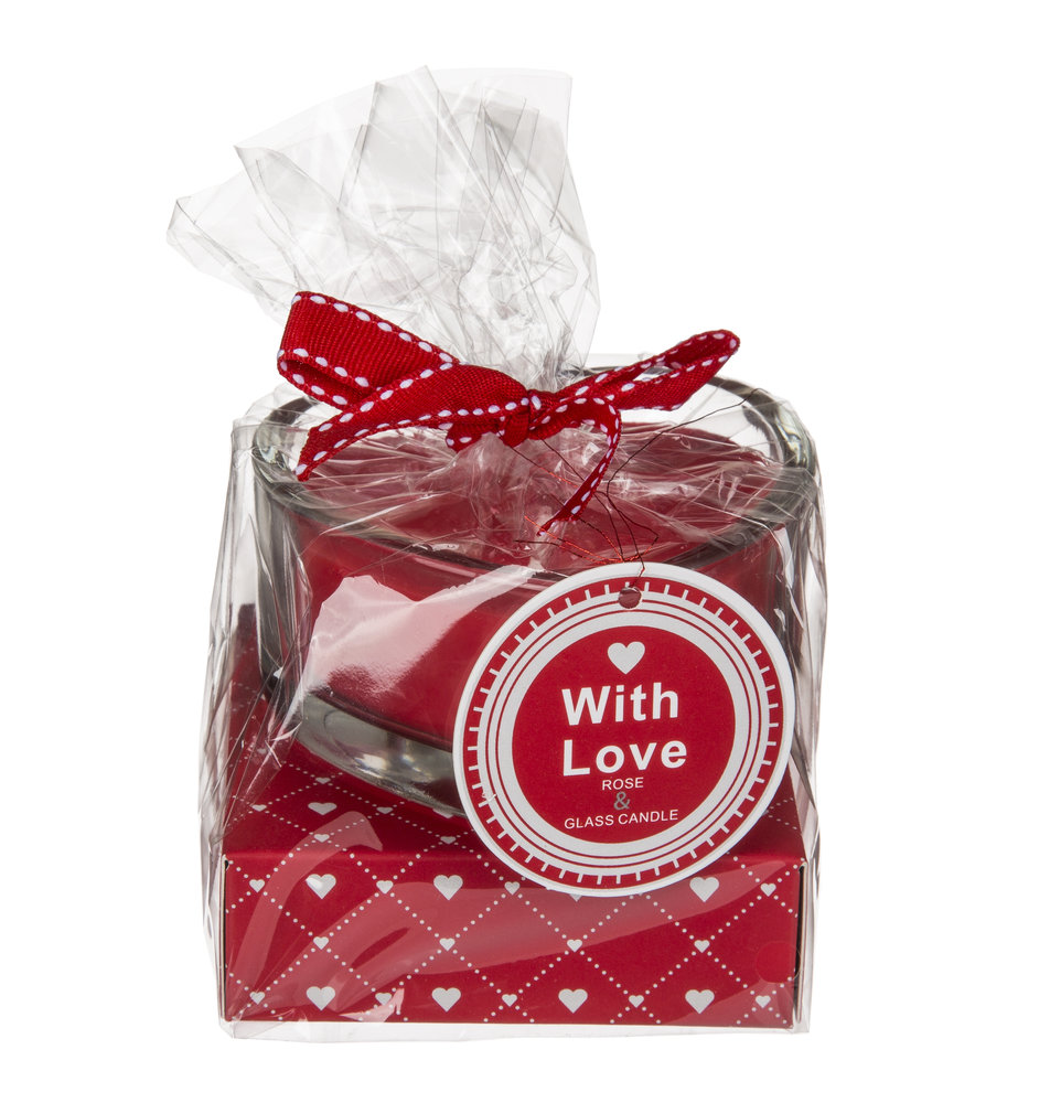 Scented candle rose in glass, heart-shaped in gift box 8x8cm Scented candle rose in glass, heart-shaped in gift box 8x8cm