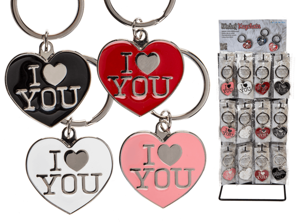 Display van 48 metalen sleutelhangers I love you 4cm 4 assortie Display van 48 metalen sleutelhangers I love you 4cm 4 assortie