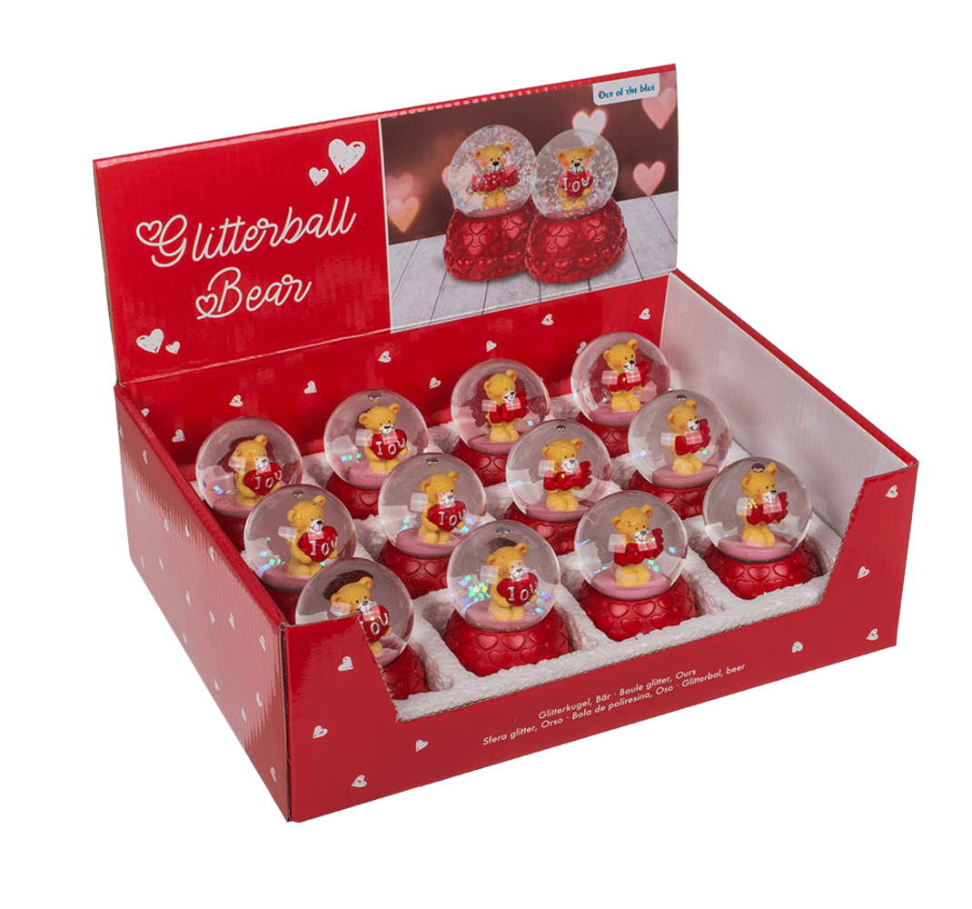 Présentoir de 12 oursons boule à paillettes 6,7x5,5cm 2 assortis