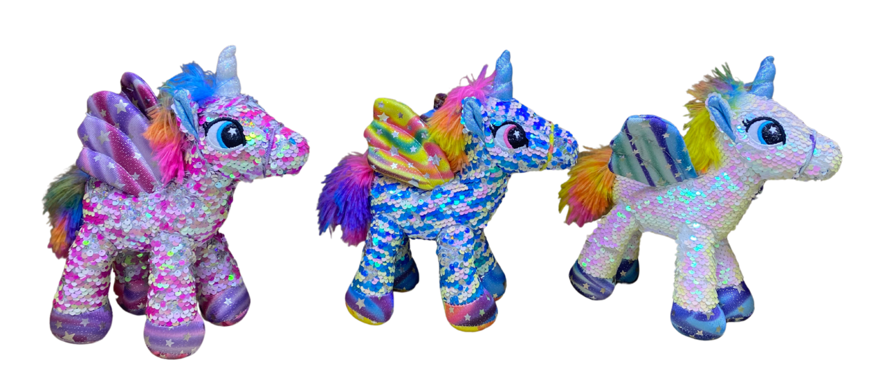 Peluche licorne à picots pailletés 26cm, 3 couleurs assorties Peluche licorne à picots pailletés 26cm, 3 couleurs assorties