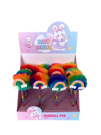 Display van Pompom balpen regenboog van 12 stuks Display van Pompom balpen regenboog van 12 stuks