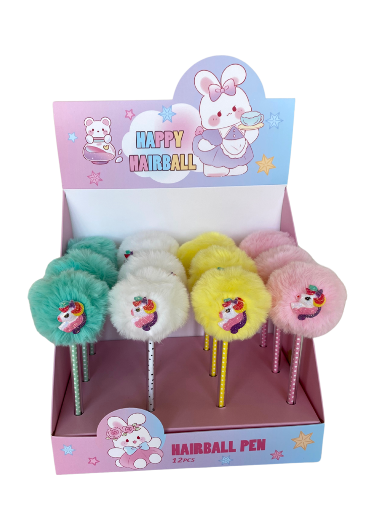 Display van Pompom balpen unicorn pastel van 12 stuks
