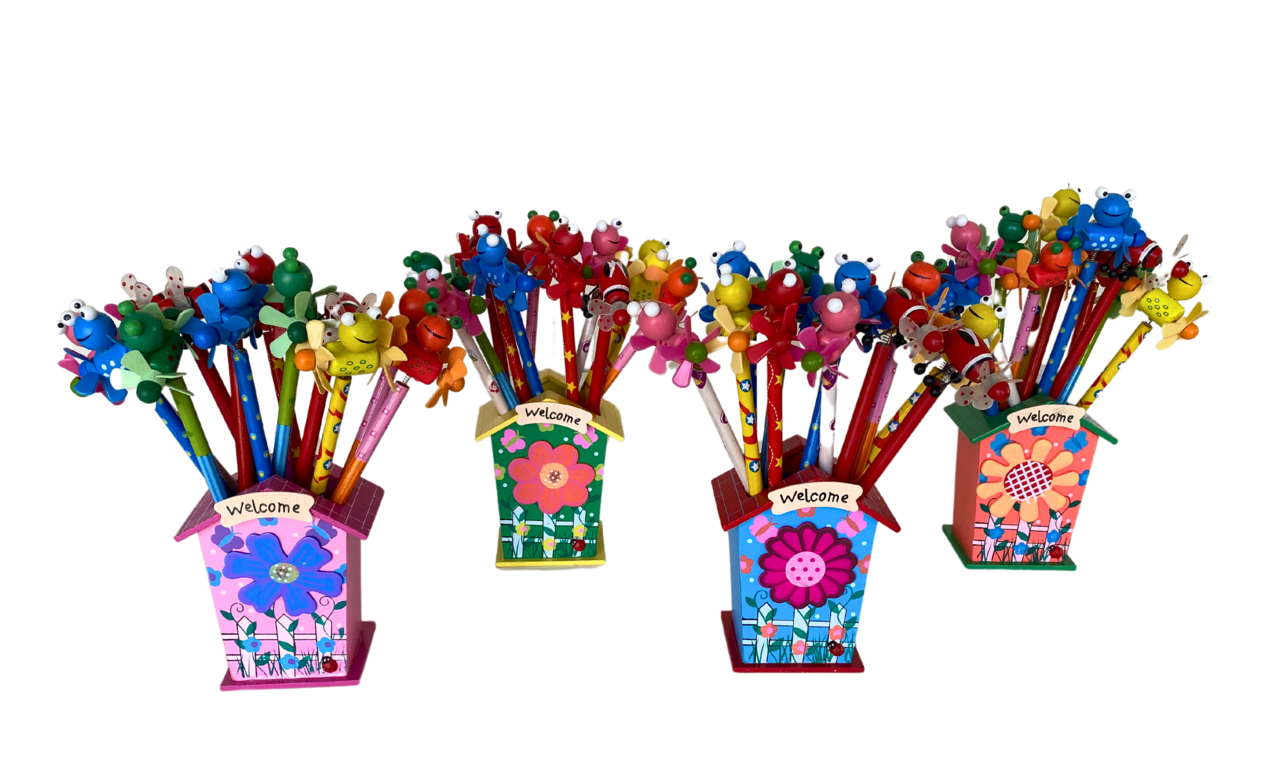 Display van 12 houten potloden met figuurtje