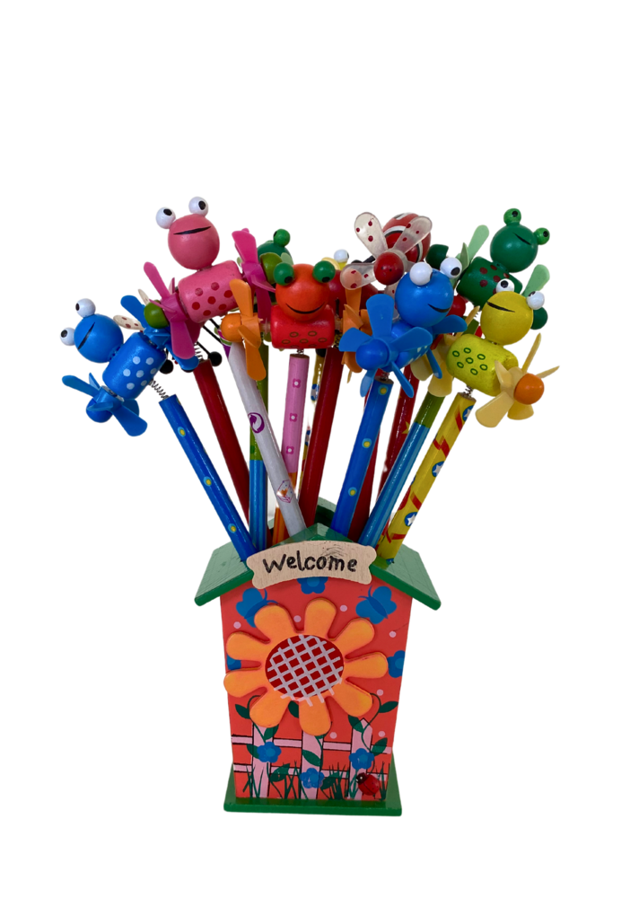 Présentoir de 12 crayons en bois avec figure