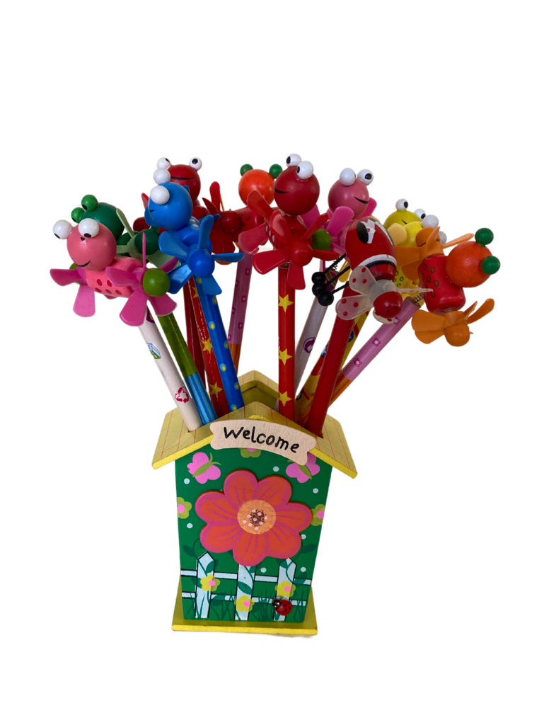 Présentoir de 12 crayons en bois avec figure