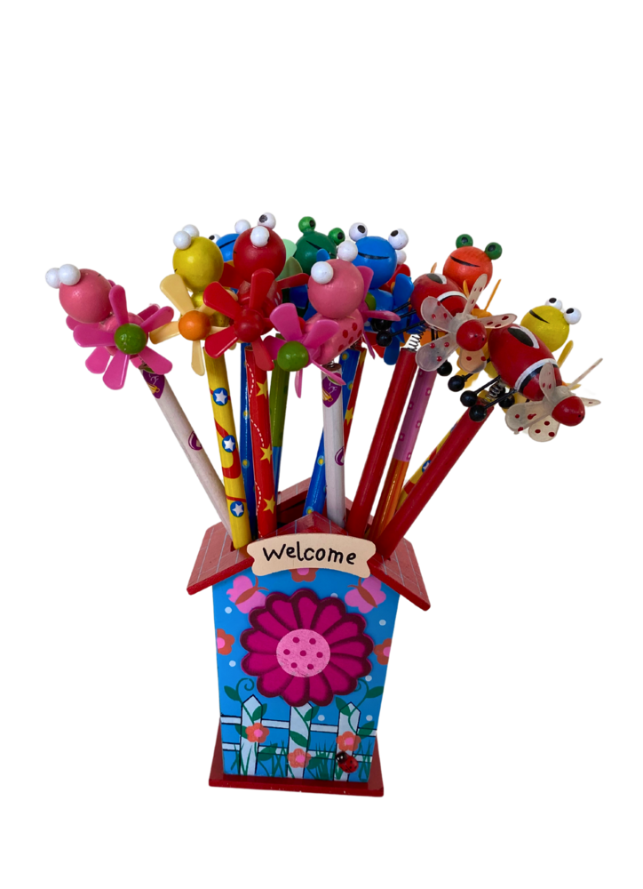 Présentoir de 12 crayons en bois avec figure