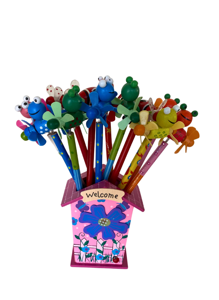 Display of 12 wooden pencils with figure Display of 12 wooden pencils with figure