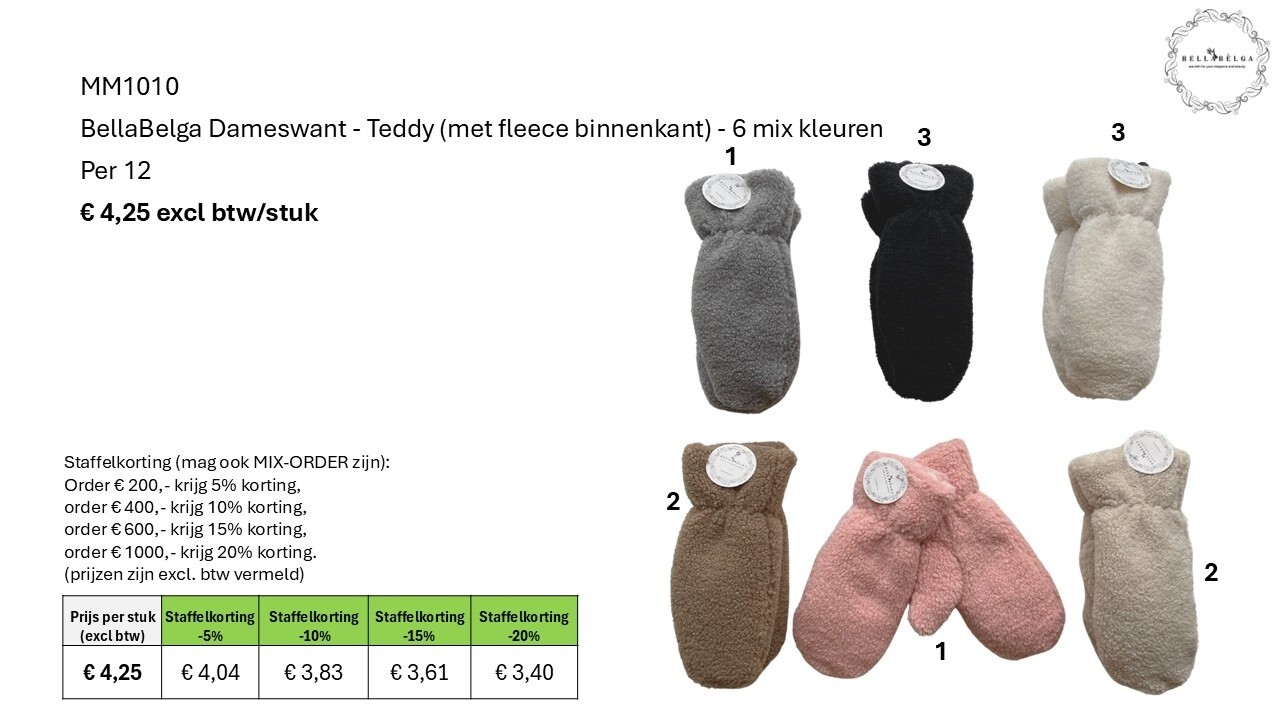 BellaBelga - Belgisch merk Moufle pour dames - Teddy - couleurs mixtes BellaBelga - Belgisch merk Moufle pour dames - Teddy - couleurs mixtes