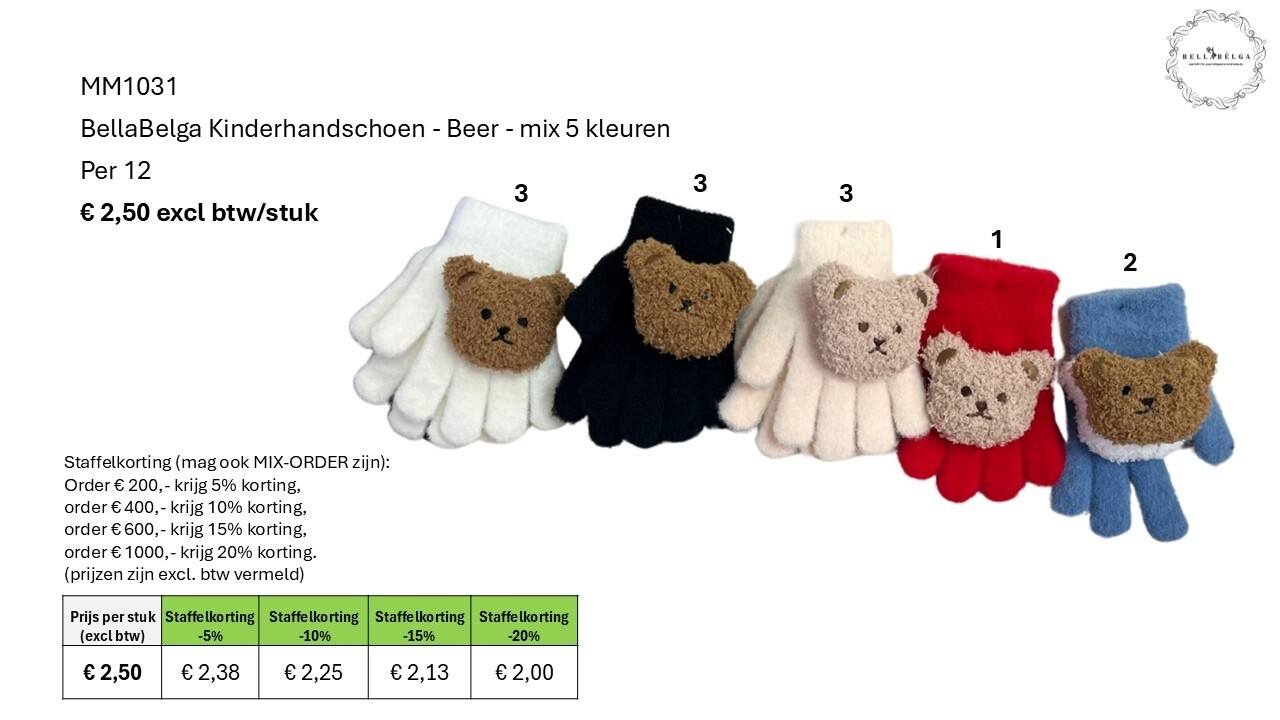 BellaBelga - Belgisch merk Children's gloves - Bear - mix of 5 colors BellaBelga - Belgisch merk Children's gloves - Bear - mix of 5 colors