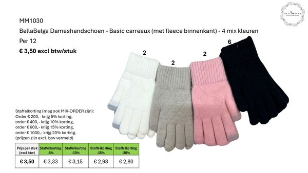 BellaBelga - Belgisch merk Women's Gloves - Basic carreaux (with fleece lining) - 4 mixed colors BellaBelga - Belgisch merk Women's Gloves - Basic carreaux (with fleece lining) - 4 mixed colors