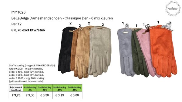 BellaBelga - Belgisch merk Dameshandschoen - Classique Den - 8 mix kleuren BellaBelga - Belgisch merk Dameshandschoen - Classique Den - 8 mix kleuren