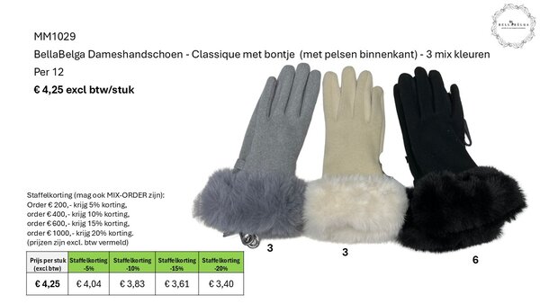 BellaBelga - Belgisch merk Women's Gloves - Classique with fur (with fur lining) - 3 mixed colors BellaBelga - Belgisch merk Women's Gloves - Classique with fur (with fur lining) - 3 mixed colors