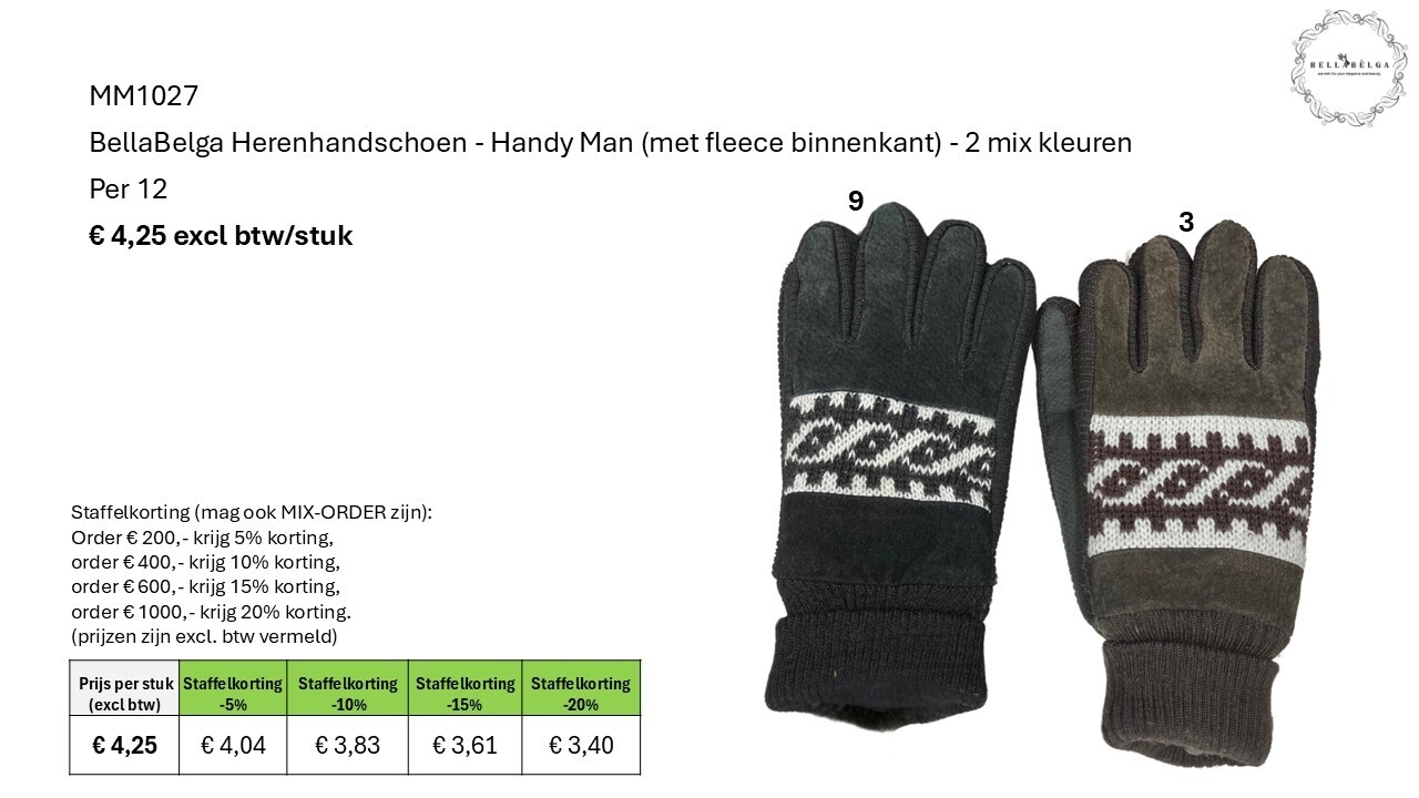 BellaBelga - Belgisch merk Herenhandschoen - Handy Man (met fleece binnenkant) - 2 mix kleuren BellaBelga - Belgisch merk Herenhandschoen - Handy Man (met fleece binnenkant) - 2 mix kleuren