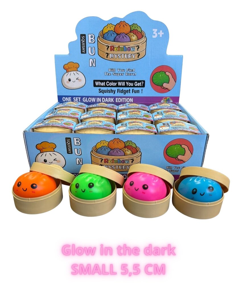 Display van 24 stuks - Squishy Dumpling: Glow in the dark 5,5 CM Display van 24 stuks - Squishy Dumpling: Glow in the dark 5,5 CM