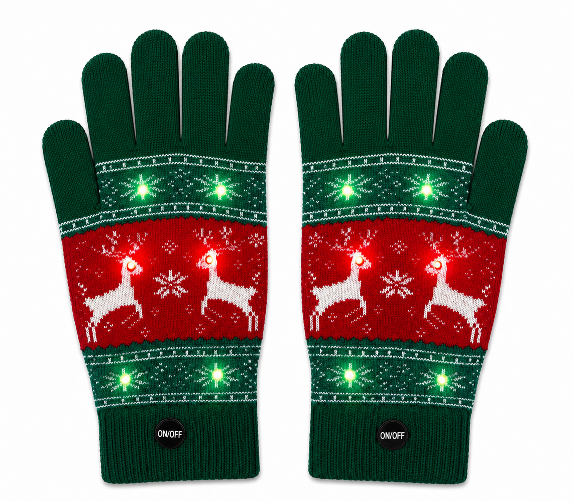BellaBelga - Belgisch merk Gants de Noël avec lumières - Unisexe - Vert et rouge, avec un renne BellaBelga - Belgisch merk Gants de Noël avec lumières - Unisexe - Vert et rouge, avec un renne