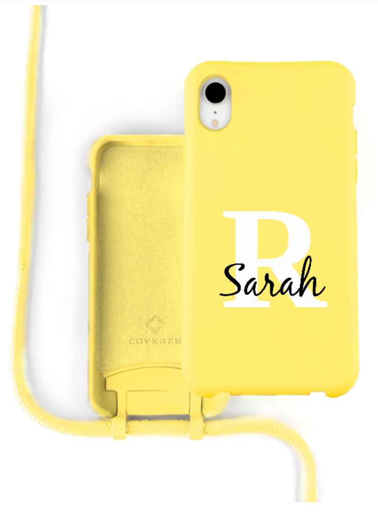 Funda silicona con cuerda iPhone Xr (amarillo) - Inicial + Nombre - Funda -movil.es