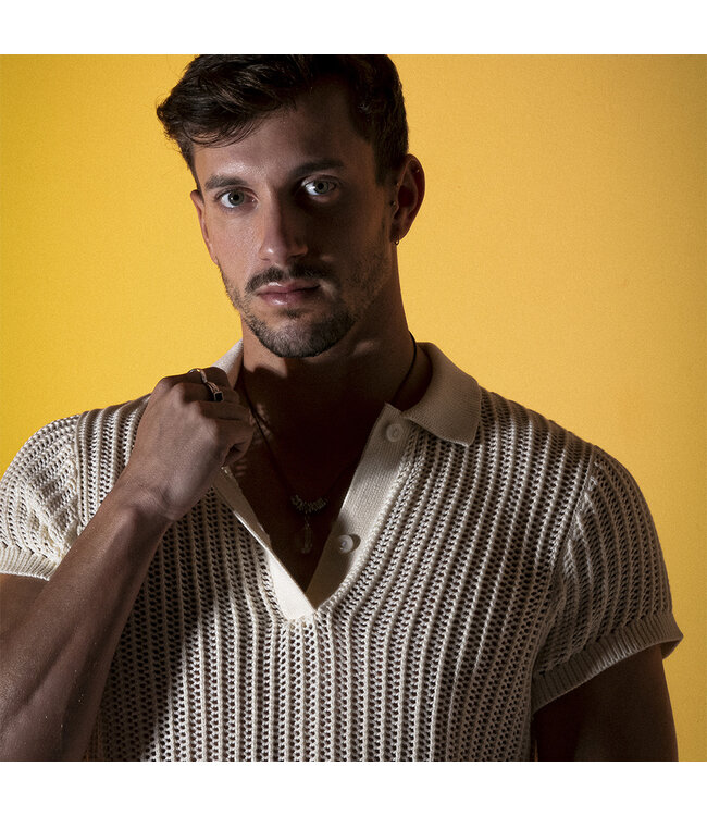 CODE 22 Knitted Stripe Polo Off-White