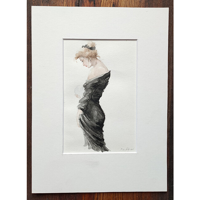 Hartog Mira den (1977) - Aquarel - vrouw in zwarte jurk met glazen bol