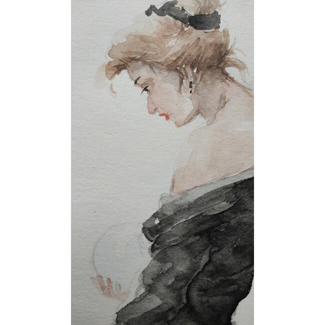 Hartog Mira den (1977) - Aquarel - vrouw in zwarte jurk met glazen bol