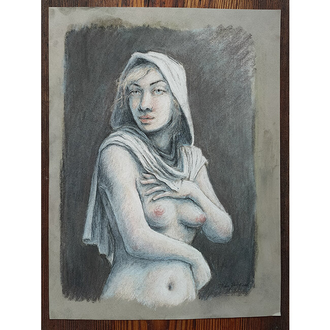 Hartog Mira den (1977) - Tekening - naakt met hoodie - pastelkrijt op papier