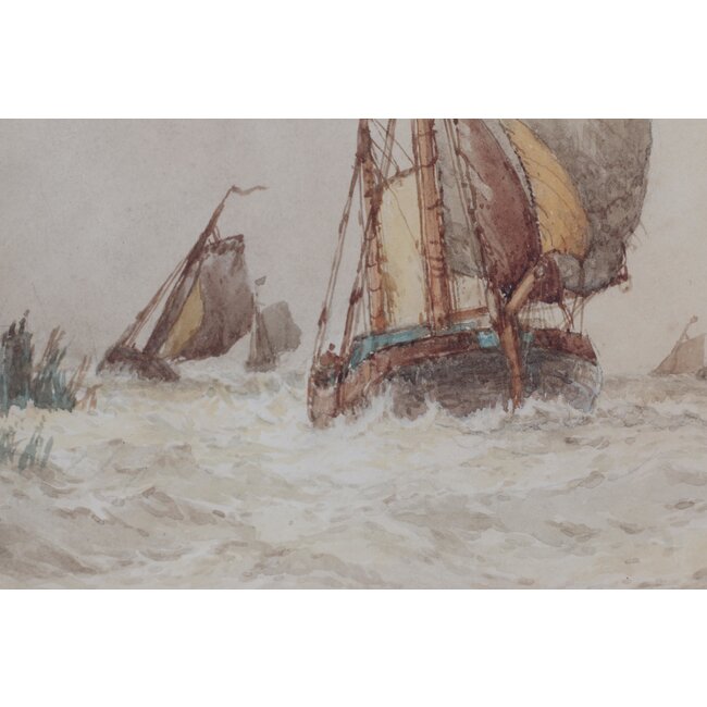 Aldridge Frederik James (1850-1933) Brits - Aquarel - riviergezicht "on the maas" met tjalken