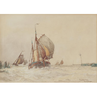 Aldridge Frederik James (1850-1933) Brits Aquarel -  Hollands riviergezicht "On the Maas"