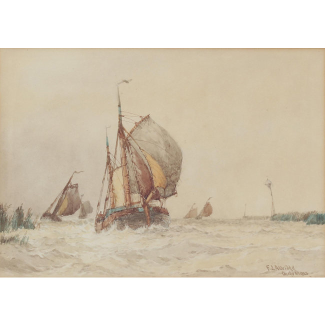 Aldridge Frederik James (1850-1933) Brits - Aquarel - riviergezicht "on the maas" met tjalken