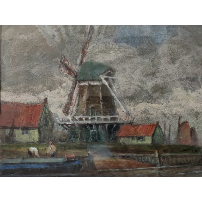 Aldridge Frederik James (1850-1933) Brits - Pastelkrijt - Hollands dorp aan een rivier met windmolen