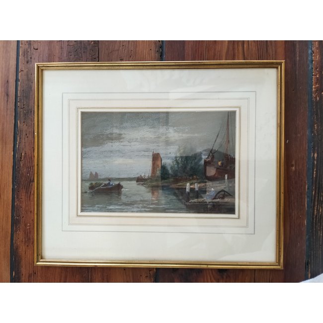 Aldridge Frederik James (1850-1933) Brits - Pastelkrijt op papier - Hollandse scheepswerf met schepen op de rivier