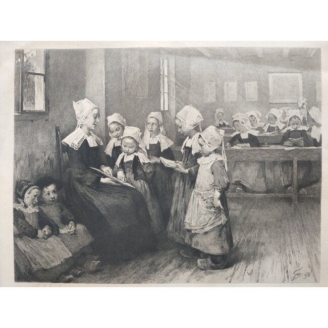 Ardail Albert (1856-1914) Frans - Ets van een schoolklas met kinderen