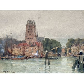 Ball Wilfrid Williams (1853-1917) Brits Aquarel - Dordrecht - Bom- en Leuvehaven