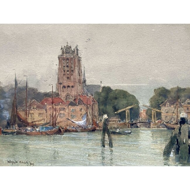 Ball Wilfrid Williams (1853-1917) Brits - Aquarel - Dordrecht - op de Oude Maas met zicht op de Bom- en Leuvehaven