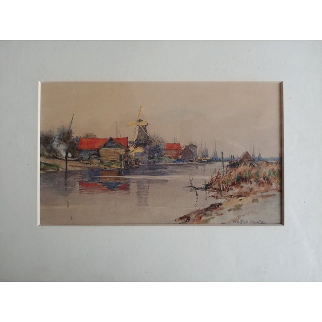 Ball Wilfrid Williams (1853-1917) Brits - Aquarel - Dordrecht - Molens aan de Lijnbaan