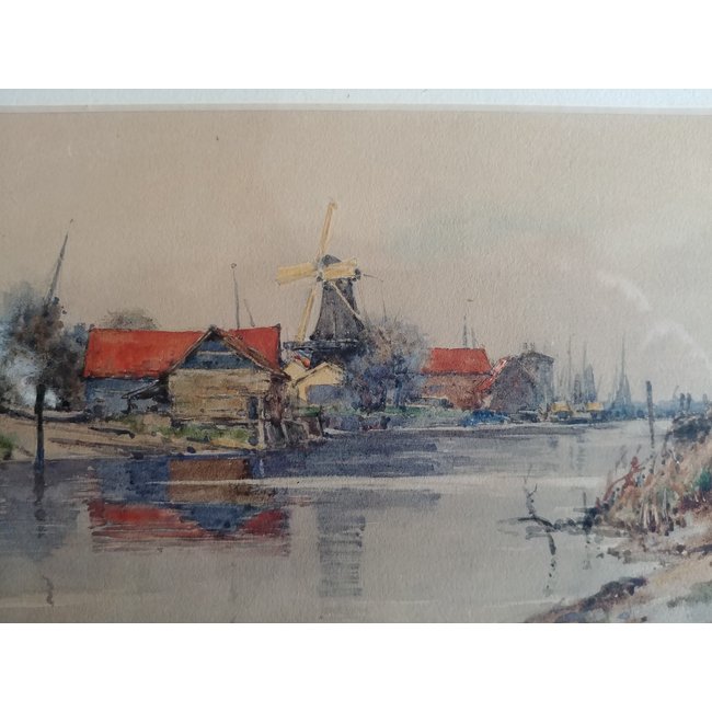 Ball Wilfrid Williams (1853-1917) Brits - Aquarel - Dordrecht - Molens aan de Lijnbaan