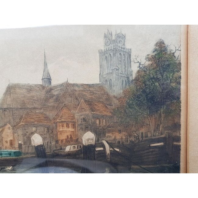 Boisgontier Henri 1850 -1940 - Frans - Ets - ingekleurd - Zicht op Dordrecht