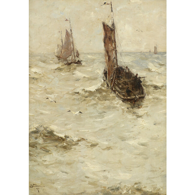 Bunn George 1847- na 1897 Amerikaan - Olieverf - "bomschuiten op volle zee"